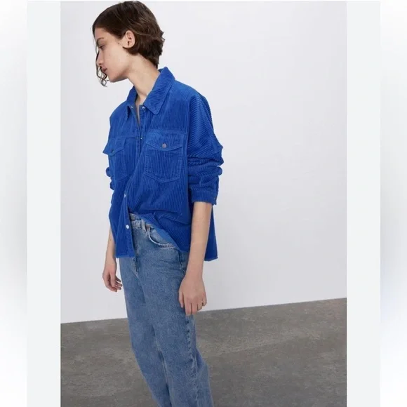 Zara Cobalt Blue Oversized Corduroy Jacket Shacket - Picture 6 of 16